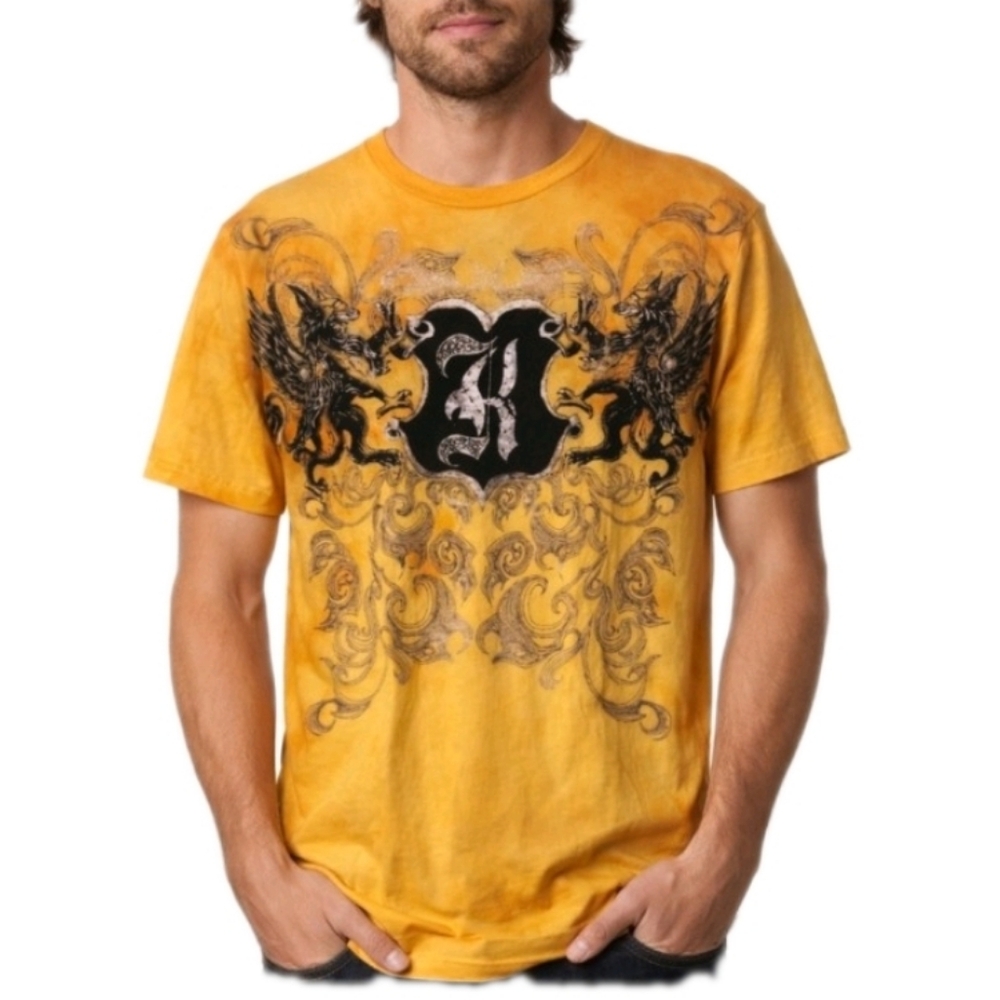 KONQUEST PLATINUM Men’s double dragon Print Embellished Gold TieDye Tee Sz MED